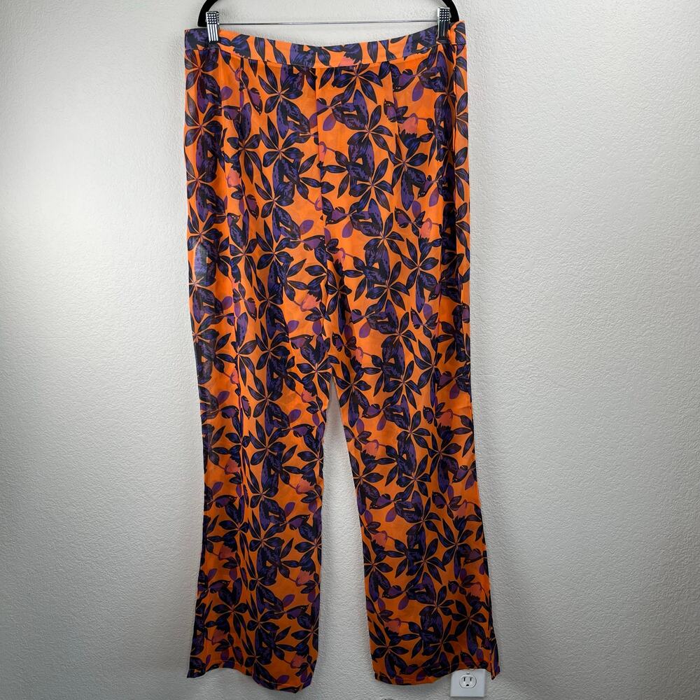 PrettyLittleThing Orange Tropical High Rise Sheer Flare Beach Pants 14  NWT - Picture 12 of 12